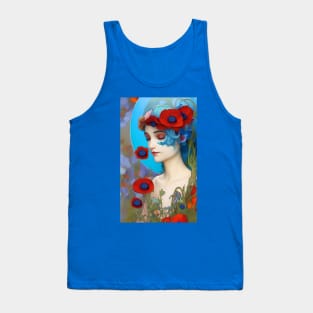 Dreamy pop surreal design of a pretty girl with blue hair flowers and red poppies Tank Top